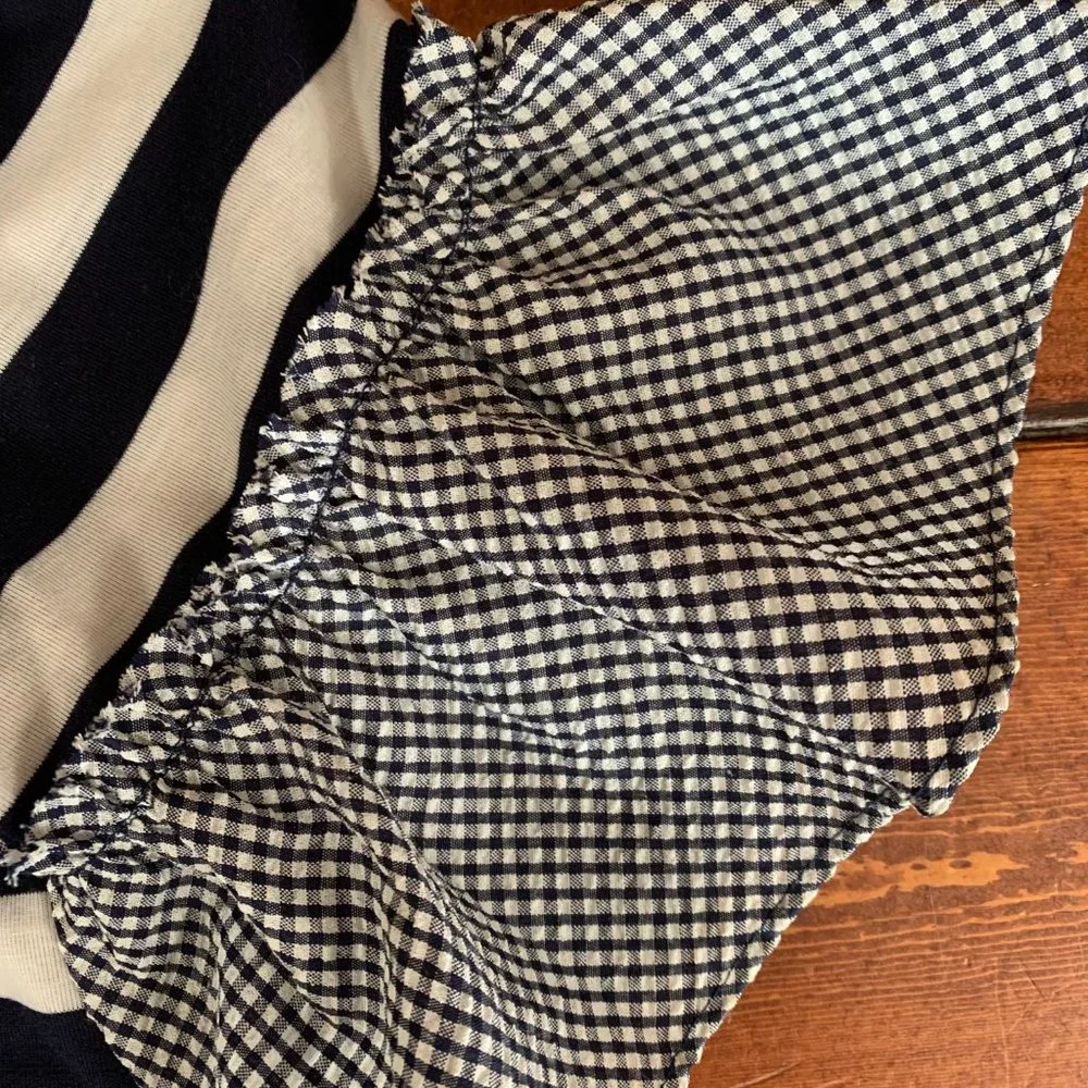 Women's Isela Navy and White Striped Gingham Nautical Ruffled Sleeves Blouse EUC - Picture 4 of 11